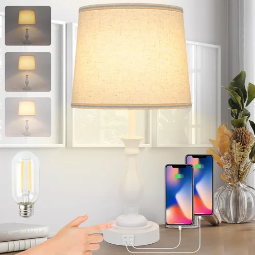 Vista 13 de LALISU Lámpara de mesa de granja con control táctil, lámpara de mesa regulable de 3 vías, lámpara moderna de mesita de noche con 2 puertos USB