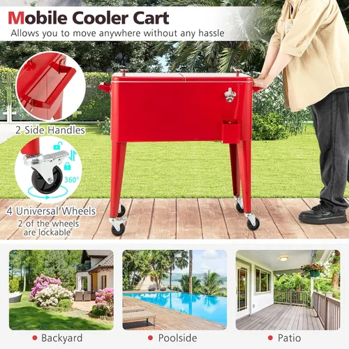 Vista 4 de HAPPYGRILL 80 Quart Rolling Cooler Cart with Lockable Wheels, Outdoor Beer Beverage Cooling Ice Chest with Bottle Opener & Cap Catcher, for Party
