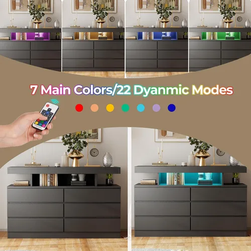 Vista 3 de BEWISHOME Cómoda negra para dormitorio con estación de carga y luces LED, cómoda de 6 cajones, cómodas de madera para armario, cómodas modernas