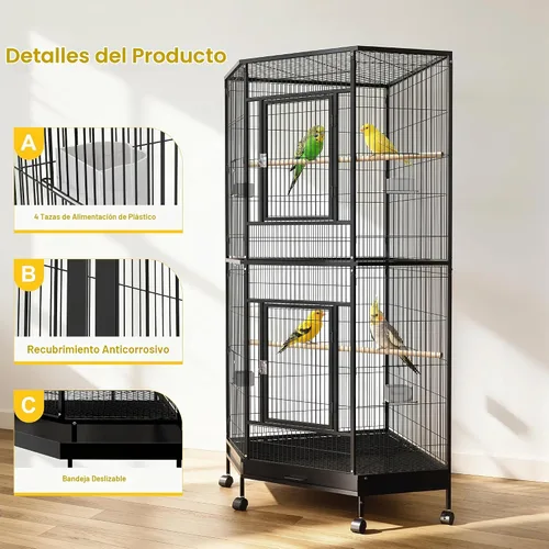 Vista 3 de Jaula grande para pájaros de 64 pulgadas con ruedas, jaulas para pájaros