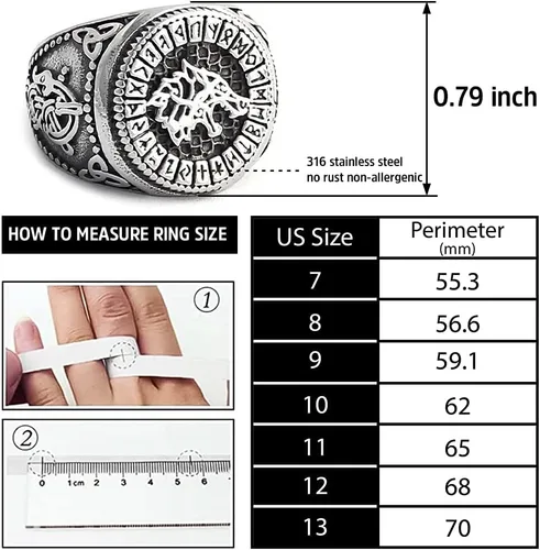 Vista 4 de BAVIPOWER Anillo de runa de acero inoxidable para hombre, diseño de lobo vikingo, ideal para hombre