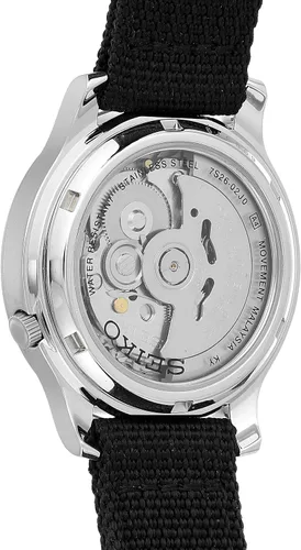 Vista 2 de Seiko SNK809 reloj de acero inoxidable plateado automático con correa de lona negra para hombre