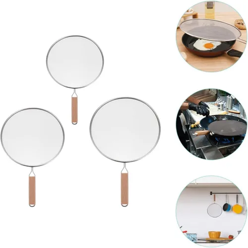 Vista 7 de 3Pcs Stainless Steel Splatter Guard with Wood Handle, Oil Anti-Splash Cover