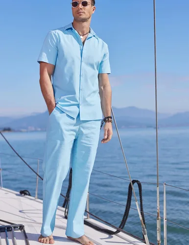 Vista 2 de COOFANDY Conjunto de lino para hombre, 2 piezas, casual, camisa con botones, pantalones con cordón