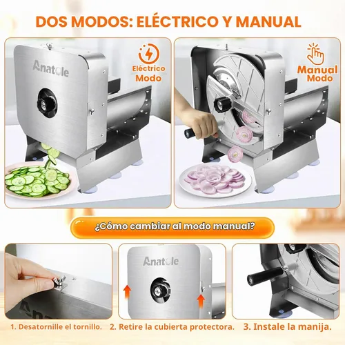Vista 3 de Cortadora de verduras eléctrica Anatole, cortadora comercial de frutas, acero inoxidable, espesor ajustable de 0-0.4'', con modo manual para tomate