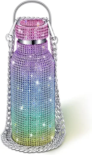 Vista 24 de Geiserailie Botella de agua con diamantes de imitación de acero inoxidable, térmica, recargable, aislada, con cadena, para mujeres y niñas