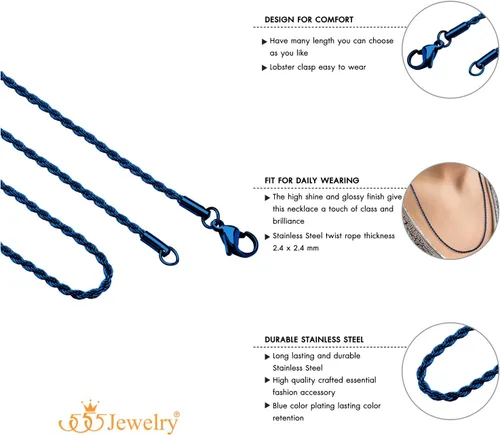 Vista 5 de 555Jewelry Collar de cadena de cuerda trenzado hipoalergénico de acero inoxidable de Singapur