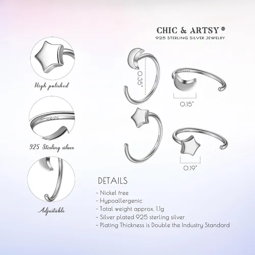 Vista 5 de CHIC & ARTSY Aretes de aro de plata de ley 925, pequeños aretes de aro de bola, barra, estrella, luna, corazón, cruz, punto, triángulo, medio aro