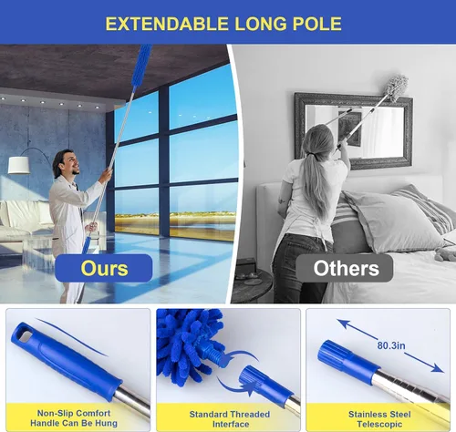 Vista 3 de Plumeros para limpieza, plumero Newliton con poste de extensión, plumero de microfibra para ventilador de techo y telarañas, plumero largo