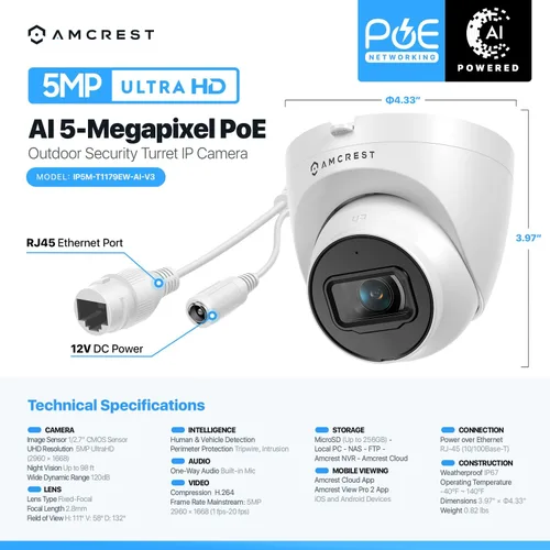 Vista 7 de Amcrest Cámara PoE de torreta, de 5 MP, IP UltraHD para exteriores, micrófono/audio, de vigilancia, visión nocturna de 98 pies, campo de visión