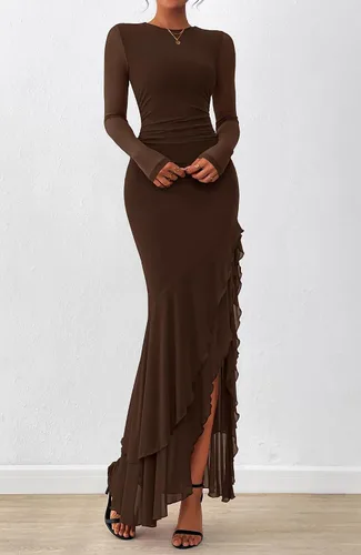 Vista 5 de BTFBM Maxi vestidos de mujer otoño 2026 manga larga vestido de invitada de Café