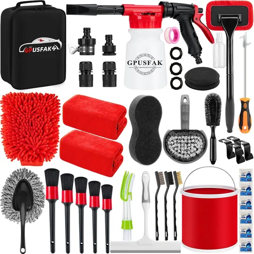 Vista 11 de 16Pcs Kit de Limpieza para Lavado de Auto con Pistola de Espuma, Cepillos de Detalle, Herramienta de Limpieza de Parabrisas, Cepillos para Llanta