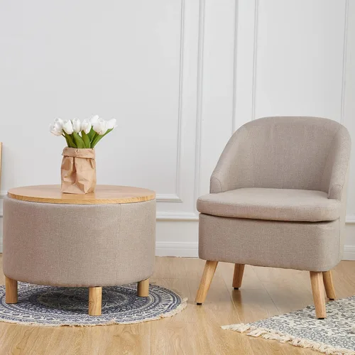 Vista 3 de Bonita silla tapizada color beige con estilo de barril, sofá individual redondo de tela similar al lino de algodón para patas de madera, sala