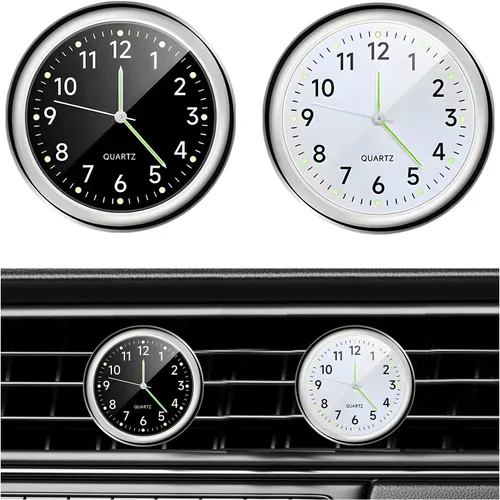 Vista 10 de Dickno 2 piezas de reloj de tablero adhesivo para automóvil, mini relojes de ventilación de cuarzo analógico luminoso, relojes de ventilación