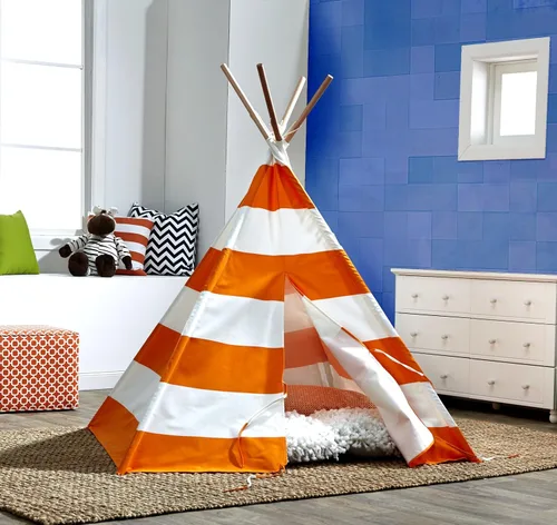 Vista 3 de Tienda tipi para niños, naranja con rayas blancas