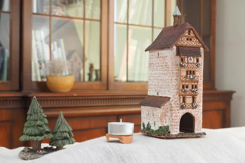 Vista 7 de Colección de casas y pueblos de cerámica - Decoración de habitación hecha a mano Arte de cerámica Portavelas Portavelas miniatura Light House Dolder