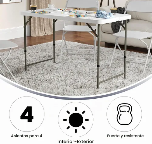 Vista 5 de Flash Furniture Mesa rectangular de plástico plegable de 4 pies con patas ajustables y asa de transporte, mesa de banquete portátil biplegable