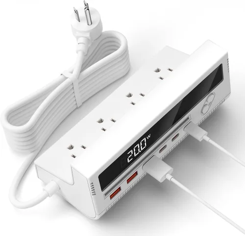 Vista 8 de Estación de carga USB 10 en 1, regleta de alimentación de 4 salidas con 6 USB, cable de extensión de 5 pies de largo, enchufe plano de 45°, estación