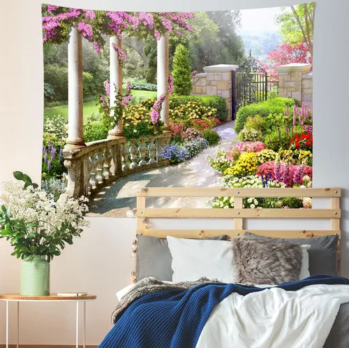 Vista 3 de BELECO Tapiz romántico de jardín secreto de primavera para colgar en la pared, 60 x 40 pulgadas, coloridas flores en flor, plantas verdes, tapiz