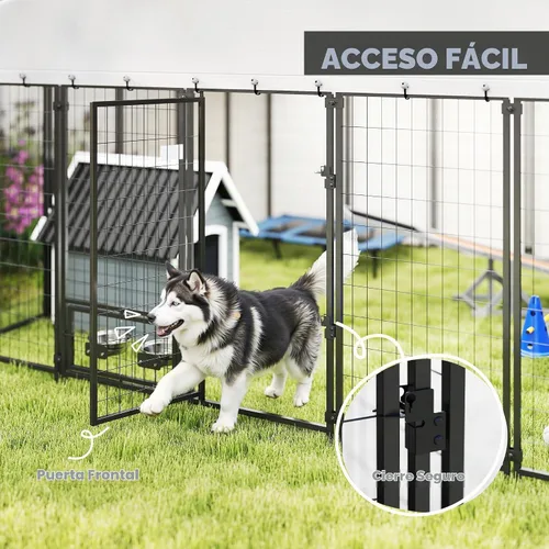 Vista 5 de PawHut Perrera para perros al aire libre de 10' x 10' x 6' con cuencos giratorios de 360°, plateado