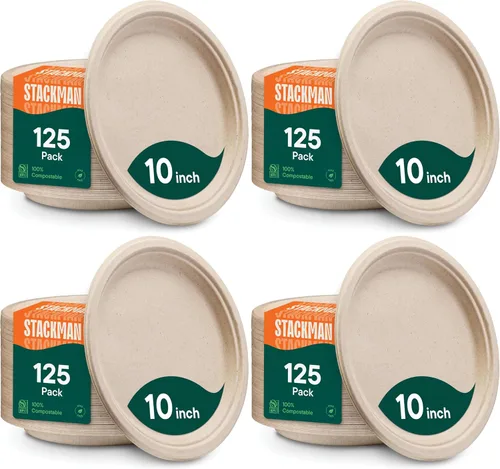 Vista 10 de Platos de papel desechables 100% compostables, 3 compartimentos, [125 unidades] - {Sin PFAS} - {Certificado BPA} - [10 pulgadas] Bandejas