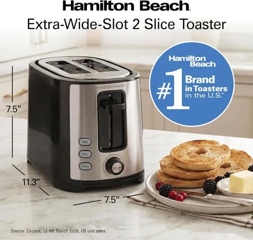 Vista 8 de Hamilton Beach Tostadora de ranura extra ancha para 2 rebanadas con ajustes para bagel y descongelación, selector de tostado con 7 niveles