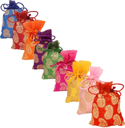 Vista 8 de Touchstone Preciosas bolsas de envoltura de regalos reutilizables, respetuosas con el medio ambiente, grandes con cordón de brocado Paisley