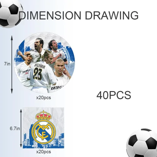 Vista 4 de 40 piezas de suministros para fiesta de cumpleaños del Real Madrid incluyen 20 platos, 20 servilletas para la decoración de la fiesta del Real Madrid