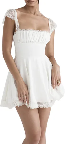 Vista 4 de Y2K - Mini vestido de encaje para mujer, con tirantes delgados, sin mangas, espalda descubierta, corte bajo, vestido de fiesta corto para club