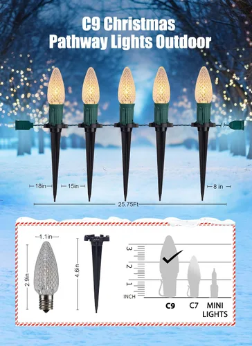 Vista 3 de Tira de luces LED estilo sendero de Navidad para exteriores; tira de 20 luces LED C9 con carcasa de fresa y estaca, interconectables, luz cálida