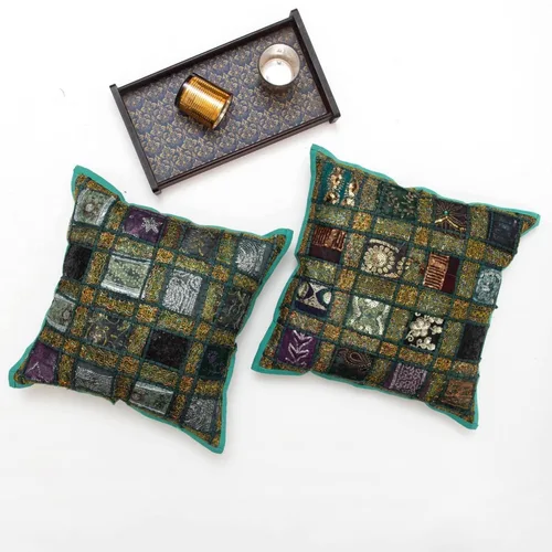 Vista 9 de INDACORIFY Juego de fundas de cojín surtidas de retazos, almohada de parche con cuentas hecha a mano india, almohada bohemia, funda de cojín