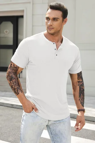 Vista 7 de JMIERR Camisas Henley para hombre con cuello redondo y botones