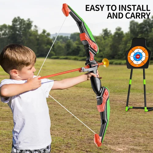Vista 5 de TEMI Juego de arco y flecha para niños con luces LED, juego de tiro con arco con 10 flechas de ventosa, carcaj y objetivo de pie, juguetes al aire