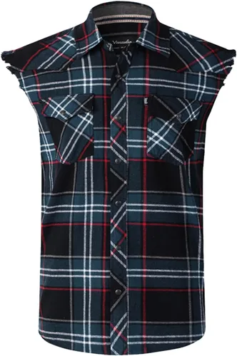 Vista 15 de Camisa casual de franela a cuadros con broches sin mangas con bolsillo para hombre