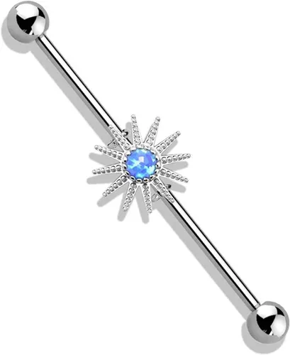 Vista 8 de Covet Jewelry Barra industrial de acero quirúrgico con forma de explosión solar Opal Center