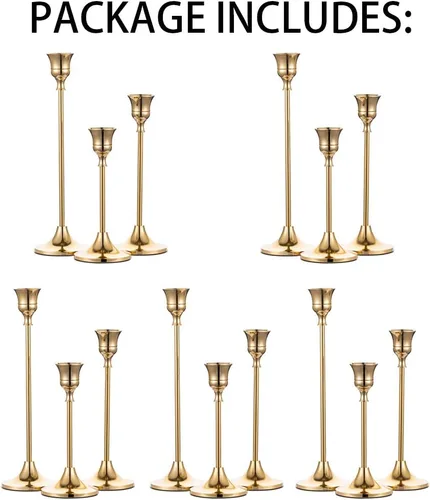 Vista 7 de Juego de 15 portavelas dorados para candelabros, portavelas cónicos Inweder de metal altos para centro de mesa, boda, decoración del hogar, comedor