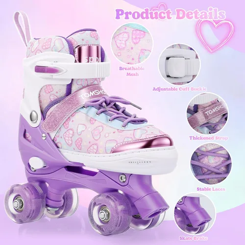 Vista 6 de TOMSHOO Kids Roller Skates for Girls Toddlers Youth 4 Sizes Adjustable Quad Skates with Light up Wheels Children Skates for Indoor Outdoor
