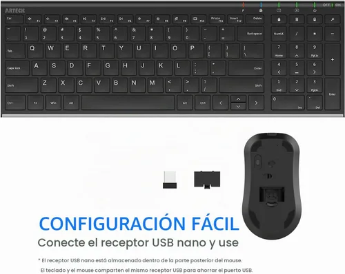 Vista 4 de Arteck Combo de teclado y mouse inalámbricos 2.4G HW193MW162 Inoxidable Ultra Slim de tamaño completo y mouse ergonómico para computadora