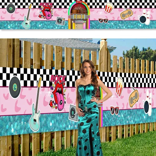 Vista 7 de Cartel de regreso a Soda Shop Rock Roll de 118 x 20 pulgadas con texto en inglés "Back to 50's Sock Hop", decoración clásica de fiesta