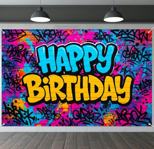 Vista 11 de IVN Pancarta de decoración de cumpleaños, graffiti, tema de galaxia, telón de fondo de 71 x 43 pulgadas con letras de burbujas blancas, estrellas