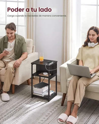 Vista 4 de VASAGLE Mesa auxiliar con estación de carga, mesa auxiliar de 3 niveles con puertos USB y tomas, mesita de noche para sala de estar, dormitorio