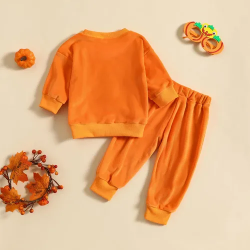 Vista 6 de Conjunto de 2 piezas de sudadera de calabaza de manga larga para bebé niño y niña, ropa de otoño e invierno