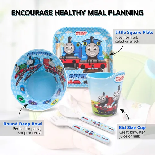 Vista 4 de Thomas Transport Fans - Juego de 5 piezas de vajilla duradera de dibujos animados, platos de comida a la hora de la comida, juego de alimentación