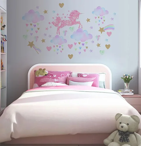 Vista 3 de Calcomanías de pared de unicornio para guardería, unicornio rosa con estrellas y nubes de arco iris, calcomanía de pared para dormitorio de bebé