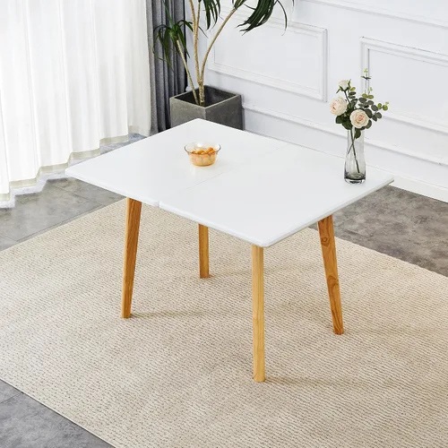 Vista 3 de Mesa de piedra sinterizada de imitación mármol blanco con patas de madera de goma, escritorio plegable para computadora, escritorio de oficina