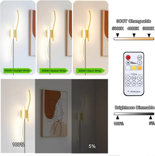 Vista 4 de Juego de 2 lámparas de pared enchufables modernas Daunton, luz de pared LED regulable dorada con control remoto, 3CCT ajustable y función