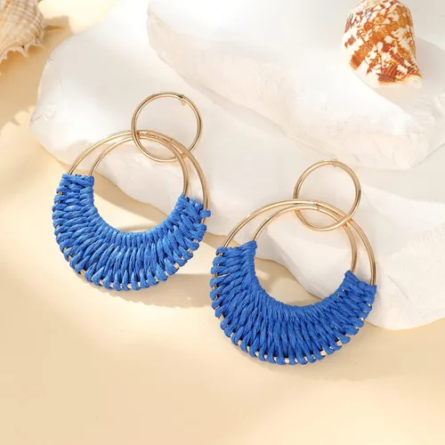 Vista 5 de Aretes colgantes de rafia de verano bohemios para mujeres y niñas, diseño bohemio de rafia, de paja trenzada, de mimbre, redondos, ligeros