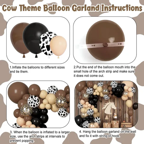 Vista 3 de Kit de Arco de Guirnalda de Globos de Vaquero Occidental de 170 Piezas, Globos de Confeti Negro y Marrón con Estampado de Vaca para Granja