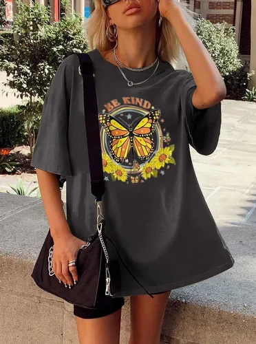Vista 2 de CSDAJIO Camiseta casual de teñido anudado con sol y luna para mujer, camiseta de gran tamaño, camisetas gráficas holgadas para adolescentes y niñas