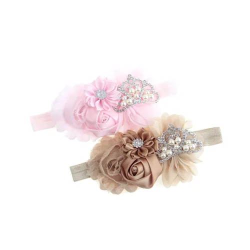 Vista 4 de Nishine Diadema elástica en pares para bautizo para bebés y niñas pequeñas, con flores, tiara elástica en pares (niños, marfil y rosa polvoriento)